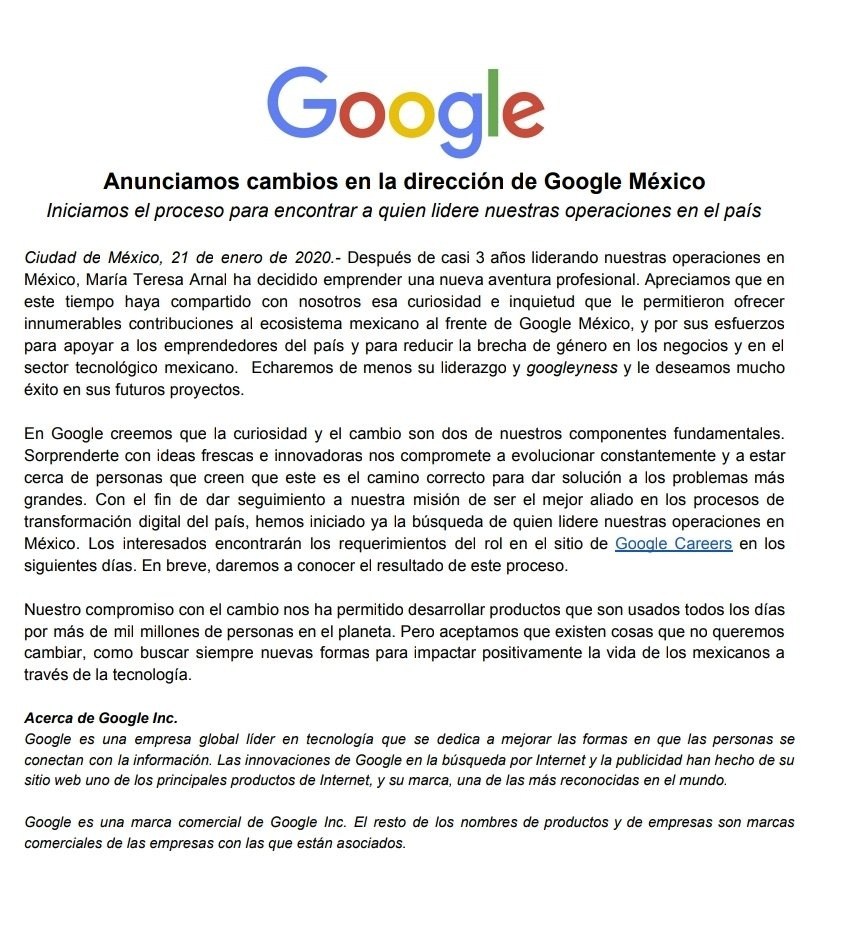 María Teresa Arnal dejará la dirección general de Google México