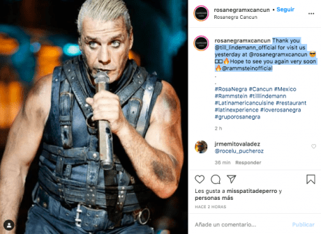 Post del restaurante Rosa Negra, el cual visitó Till Lindemann.