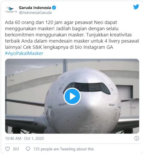 ‘Garuda Indonesia’ está poniendo tapabocas a sus aviones para concienciar sobre su uso