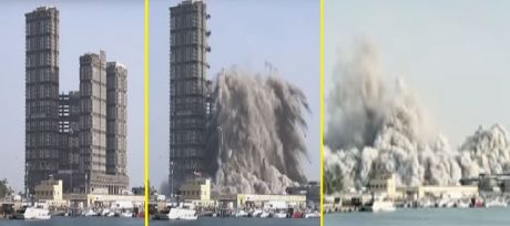 ¡Kaput! Demolición controlada en Abu Dabi, termina con rascacielos en 10 segundos