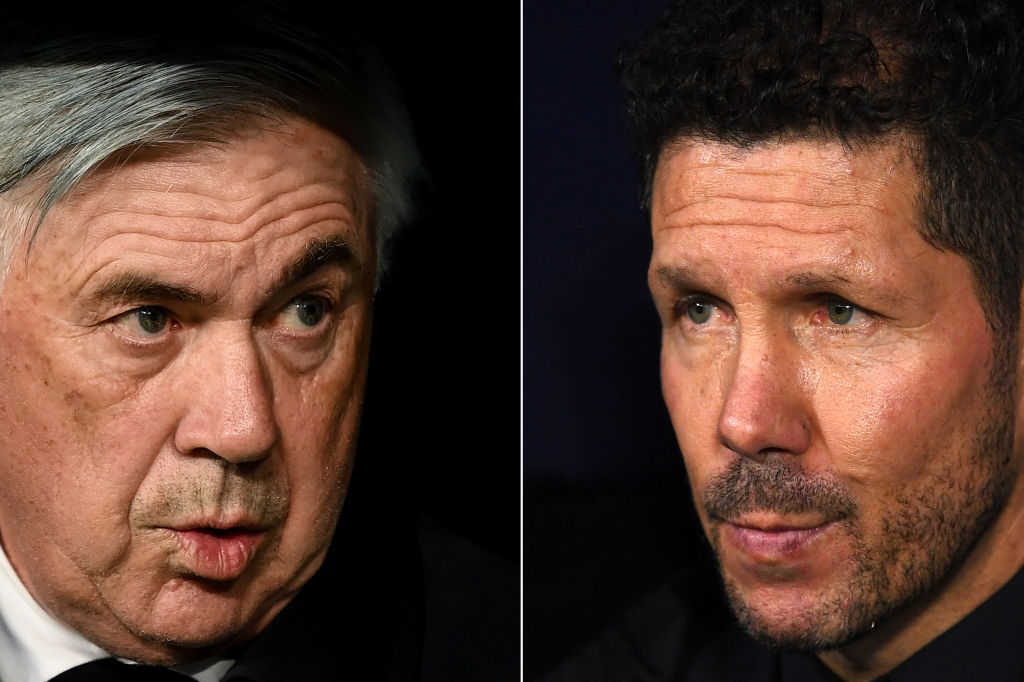 Frente a frente de Carlo Ancelotti, DT del Real Madrid y Diego Simeone, DT del Atlético de Madrid