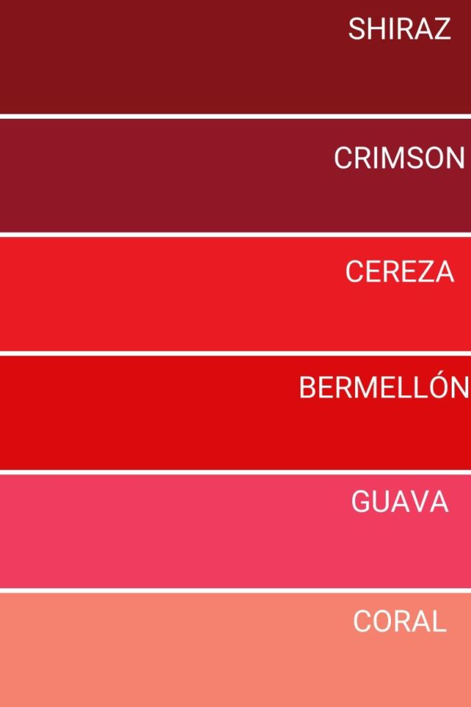 Una escala de colores rojos, entre los que está el rojo bermellón