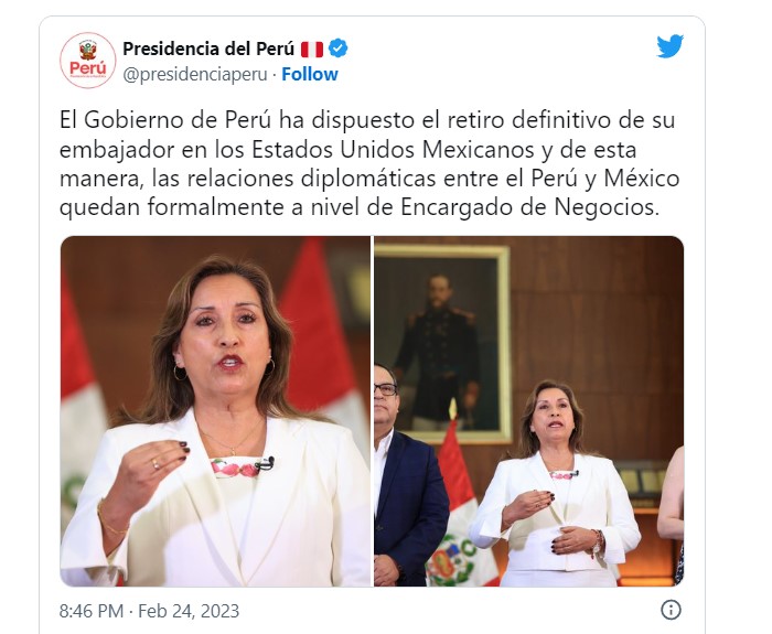 Dina Boluarte retira al embajador de Perú en México "por culpa de AMLO" y la 4T ya respondió