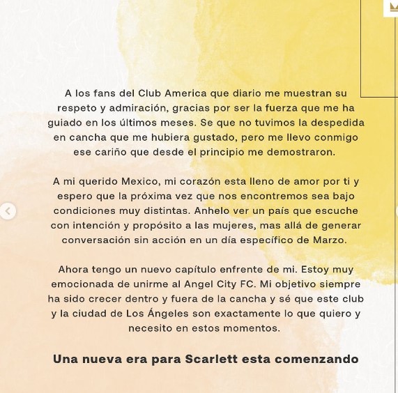 Scarlett Camberos se despide del América y su aficion con emotiva carta