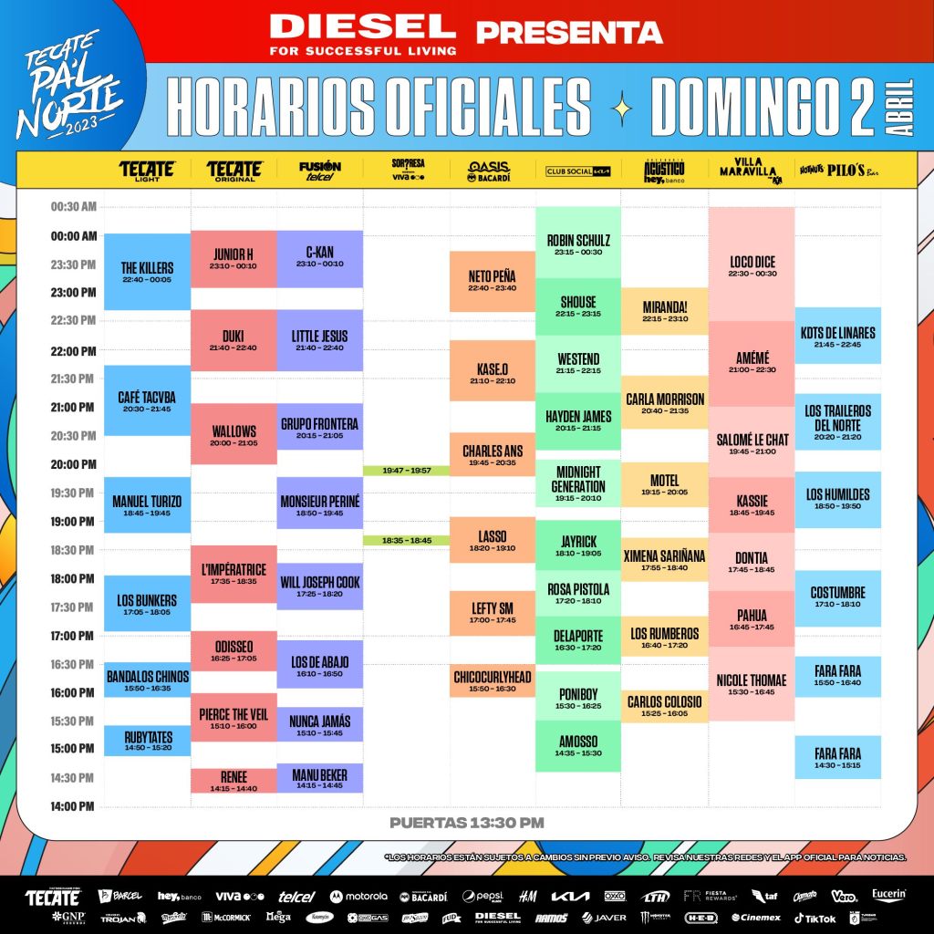 Horarios domingo 2 de abril Tecate Pa'l Norte 2023