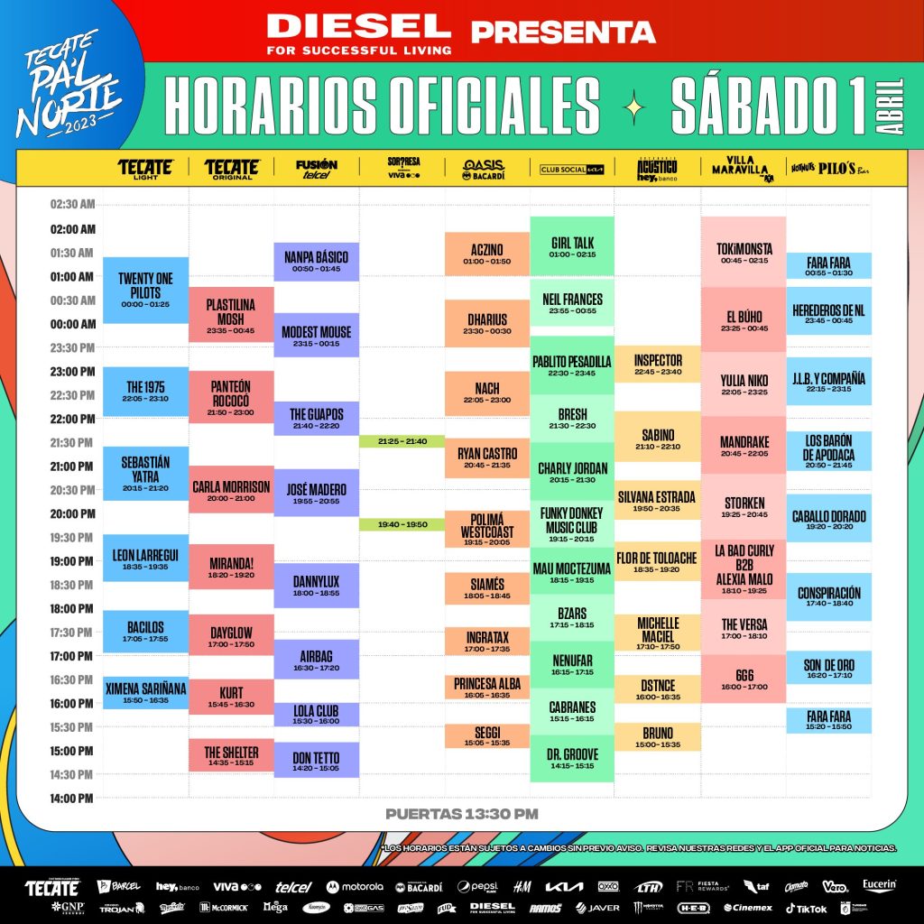 Horarios sábado 1 de abril Tecate Pa'l Norte 2023