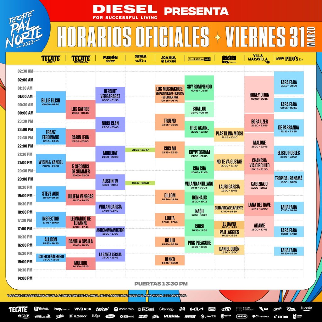 Horarios viernes 31 de marzo Tecate Pa'l Norte 2023