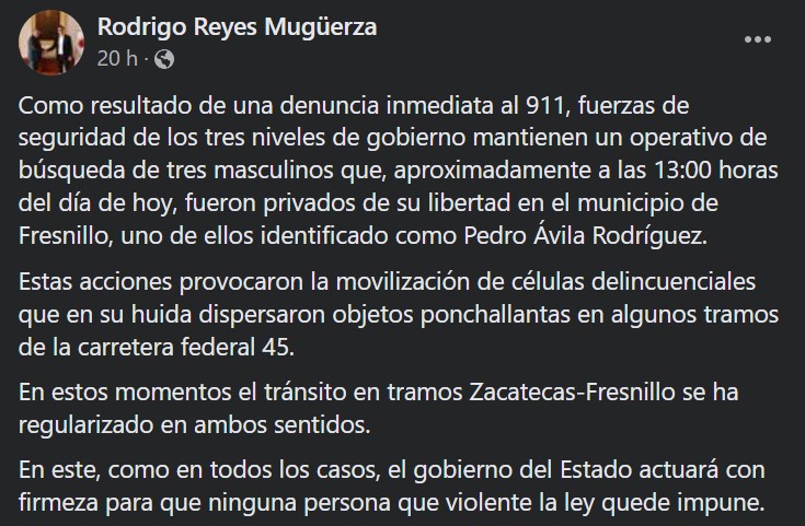 Montan fuerte operativo por secuestro del primo de David y Ricardo Monreal