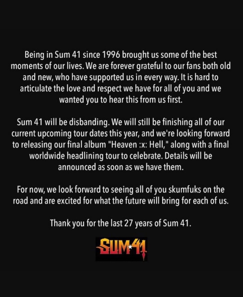 Sum 41 anunció su separación después de 27 años de carrera con un nuevo disco