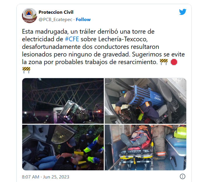 Choque de tráiler con torre eléctrica provoca cierre en carretera Texcoco-Lechería