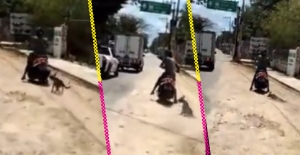 Graban a un sujeto que arrastra a su perro con la moto en calles de Yucatán