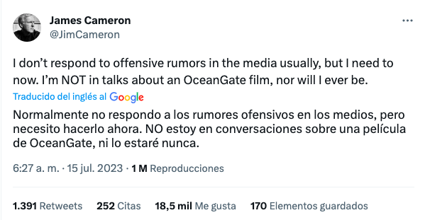 James Cameron aclara si planea hacer una película sobre el submarino de OceanGate