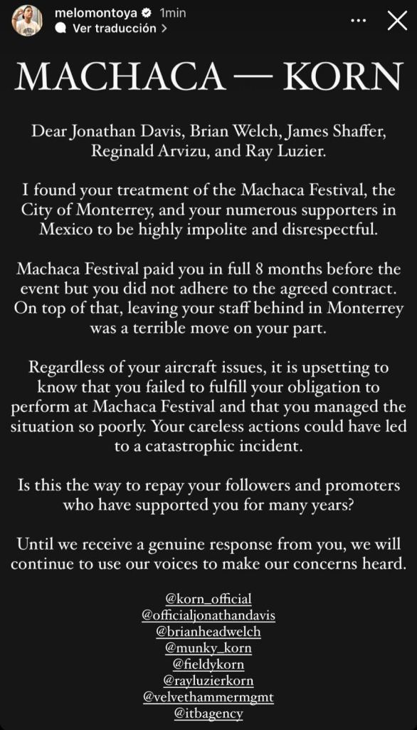 "Descortés e irrespetuoso": El Festival Machaca señala a Korn por cancelar su show este año 