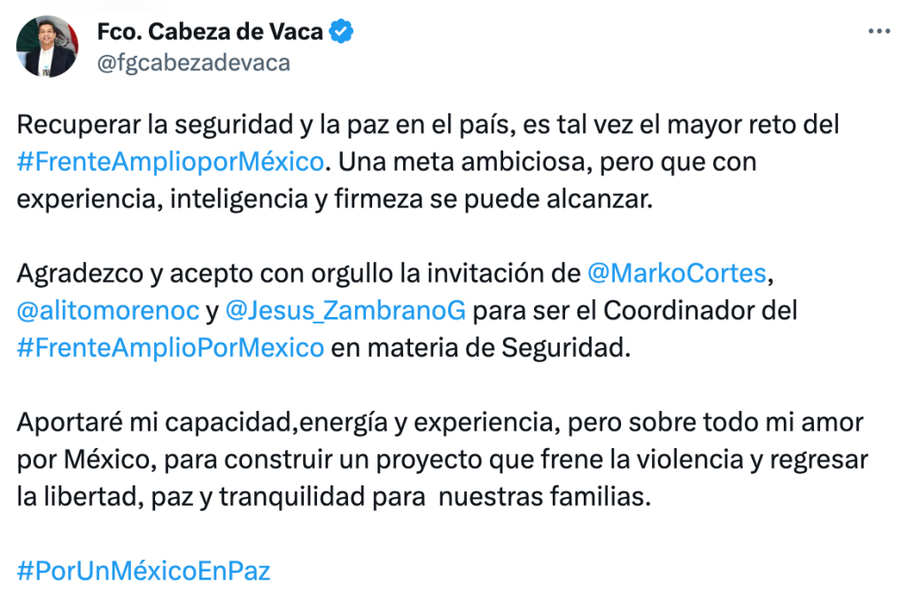 Mmta... Cabeza de Vaca coordinará la seguridad en el Frente Amplio por México