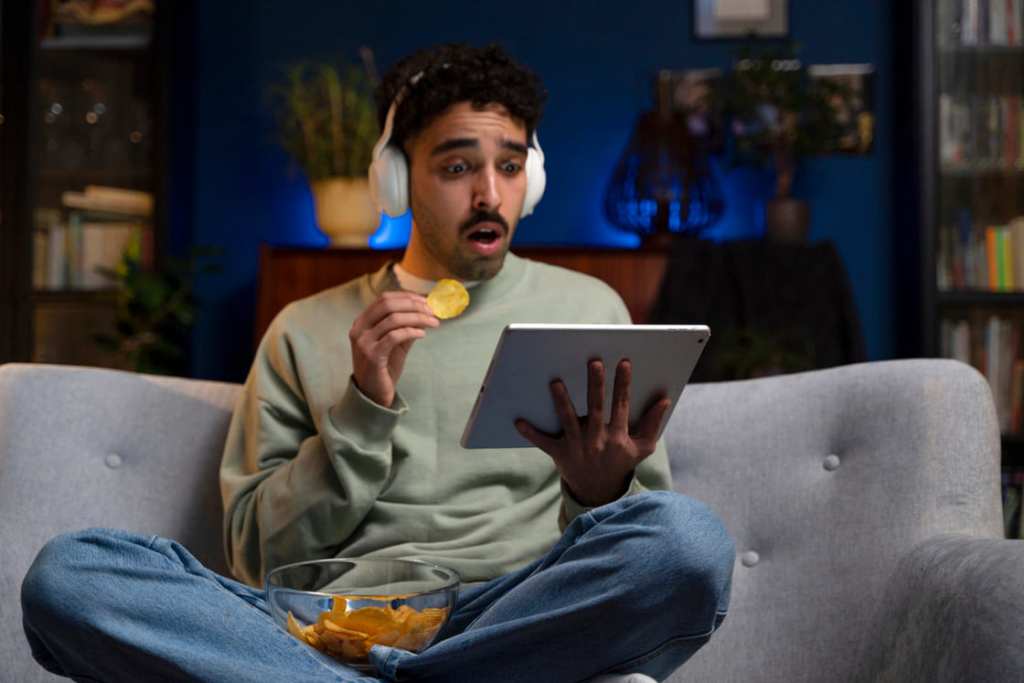 Joven viendo películas en su tablet.