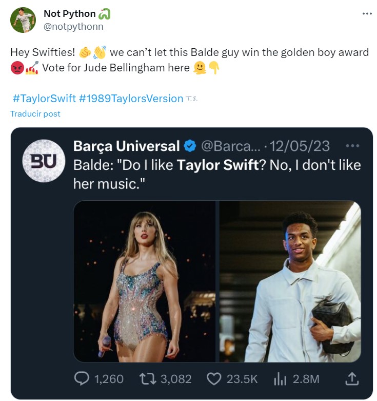 El tuit que incendió las redes con los fans de Taylor Swift contra Balde