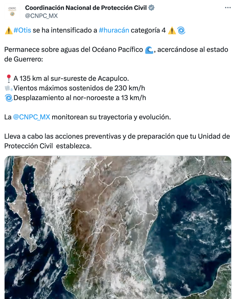 Huracán Otis: Su trayectoria y los estados que afectará con lluvias fuertes