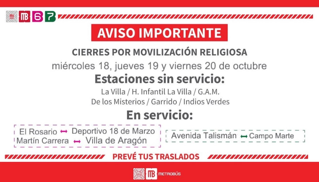 Cierre de estaciones en las líneas 6 y 7 del Metrobús por peregrinación a la Basílica