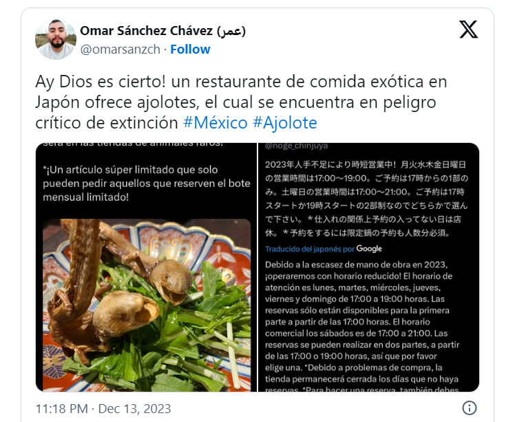 Noge Chinju-Ya: El restaurante japonés que ofrece ajolotes fritos en su menú