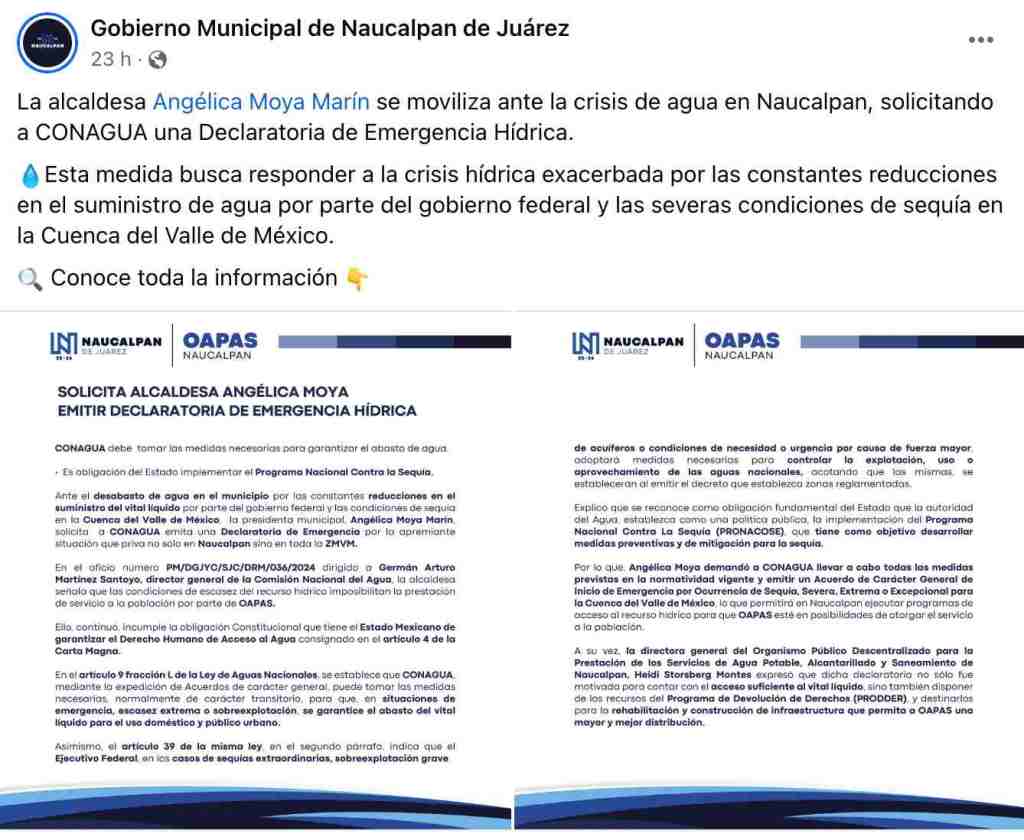 El gobierno de Naucalpan pidió a la Conagua una declaratoria de emergencia por falta de agua.