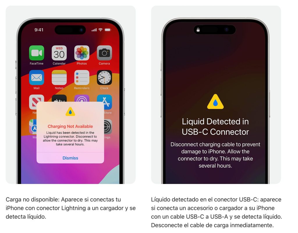 Así se ve la alerta por presencia de agua en el conector de carga.