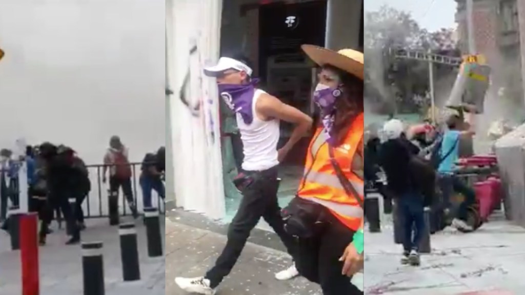 Hombres infiltrados en la marcha del 8M  de 2021 causando destrozos.