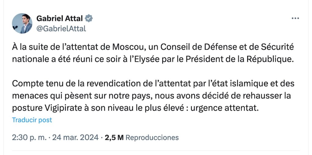 Francia e Italia elevan alerta por atentado terrorista en Moscú