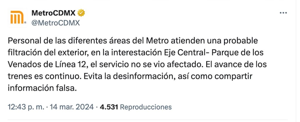 Cae cemento sobre un tren de la Línea 12 del Metro: ¿Qué pasó?