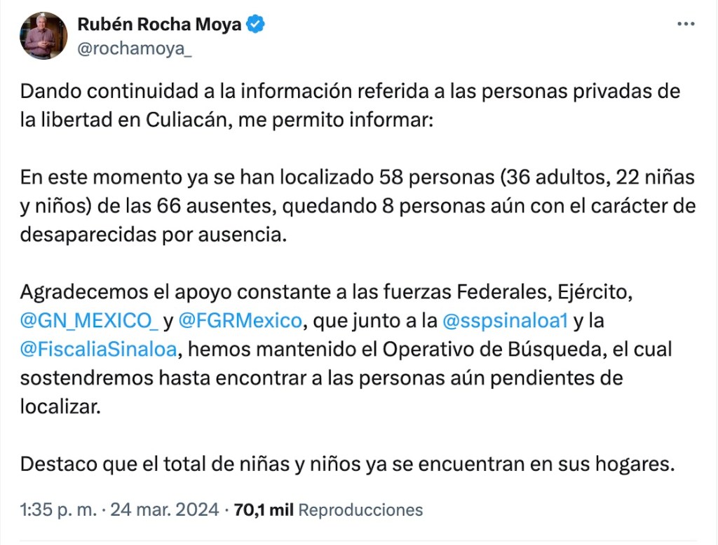 Secuestros masivos en Sinaloa fueron "entre bandas", dice AMLO; rescatan a 58 de 66