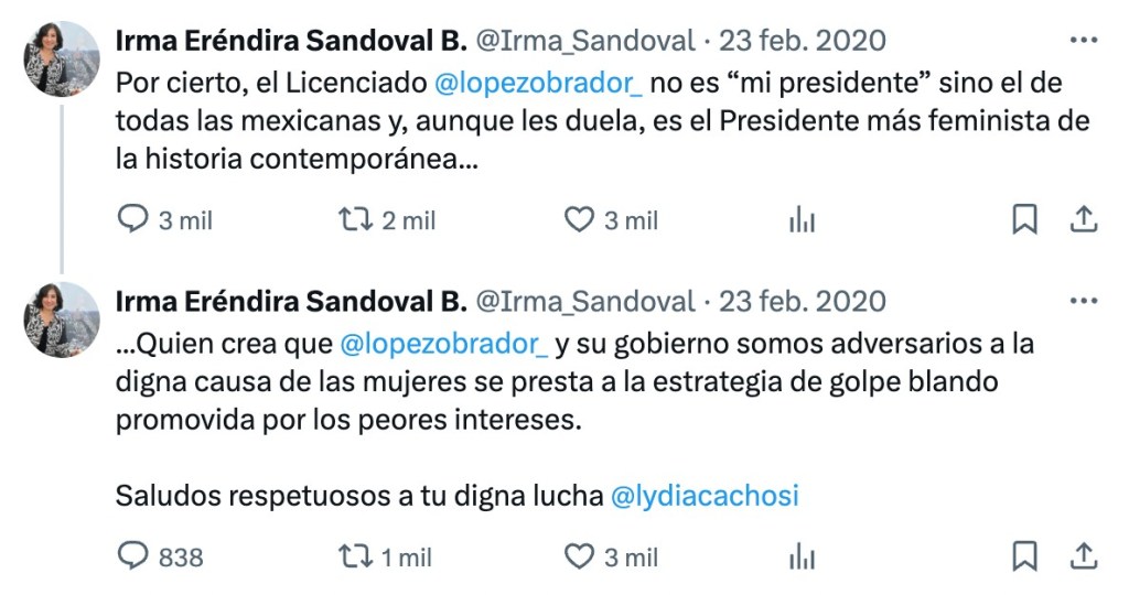 El tuit de la entonces secretaria de la Función Pública, Irma Eréndira Sandoval, sobre AMLO y su gobierno feminista.