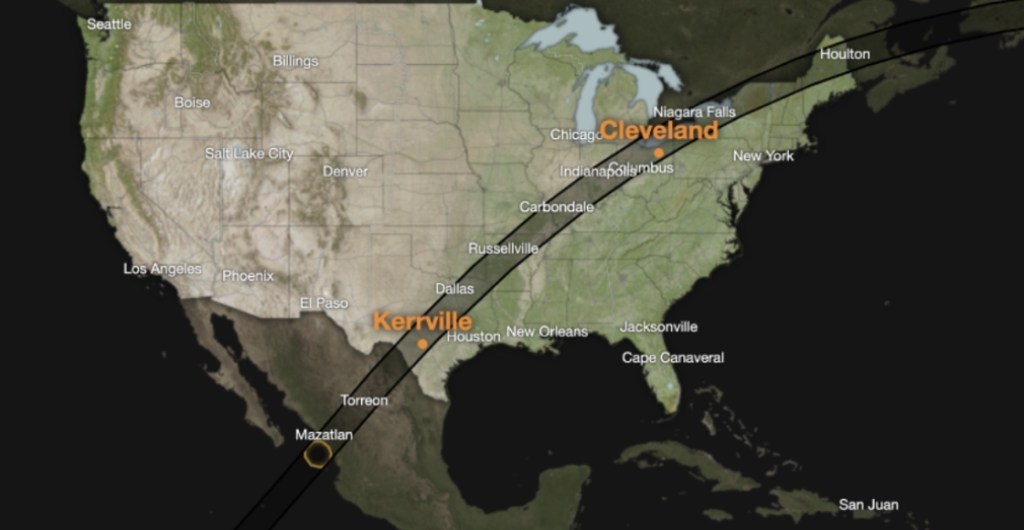 Así será la trayectoria del eclipse solar 2024.