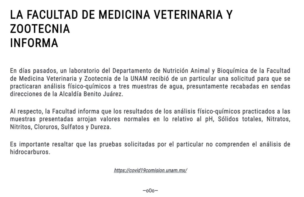 Los resultados de análisis de agua en la Benito Juárez