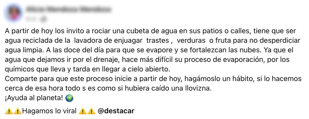 El mensaje sobre tirar agua en el patio para las nubes