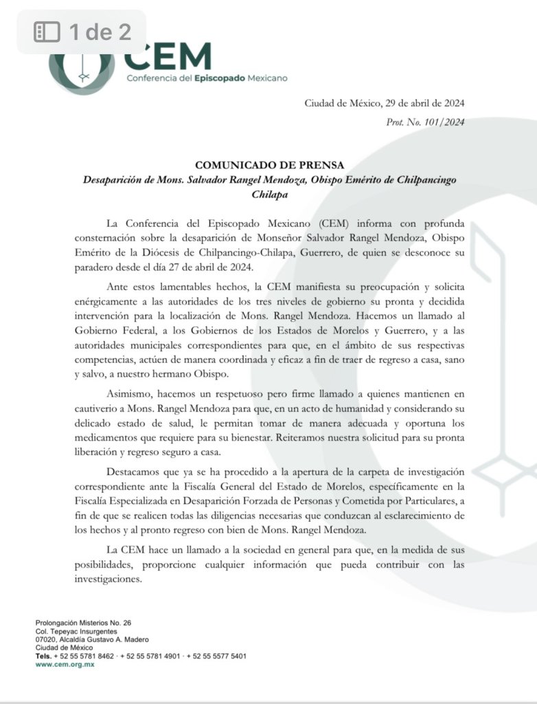 El comunicado de la Conferencia Episcopal Mexicana sobre la desaparición del obispo Salvador Rangel Mendoza