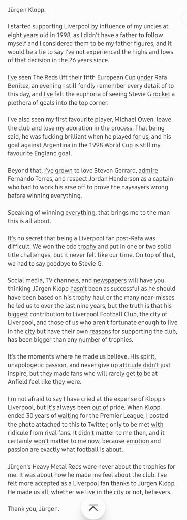 La carta de un fan a Jurgen Klopp