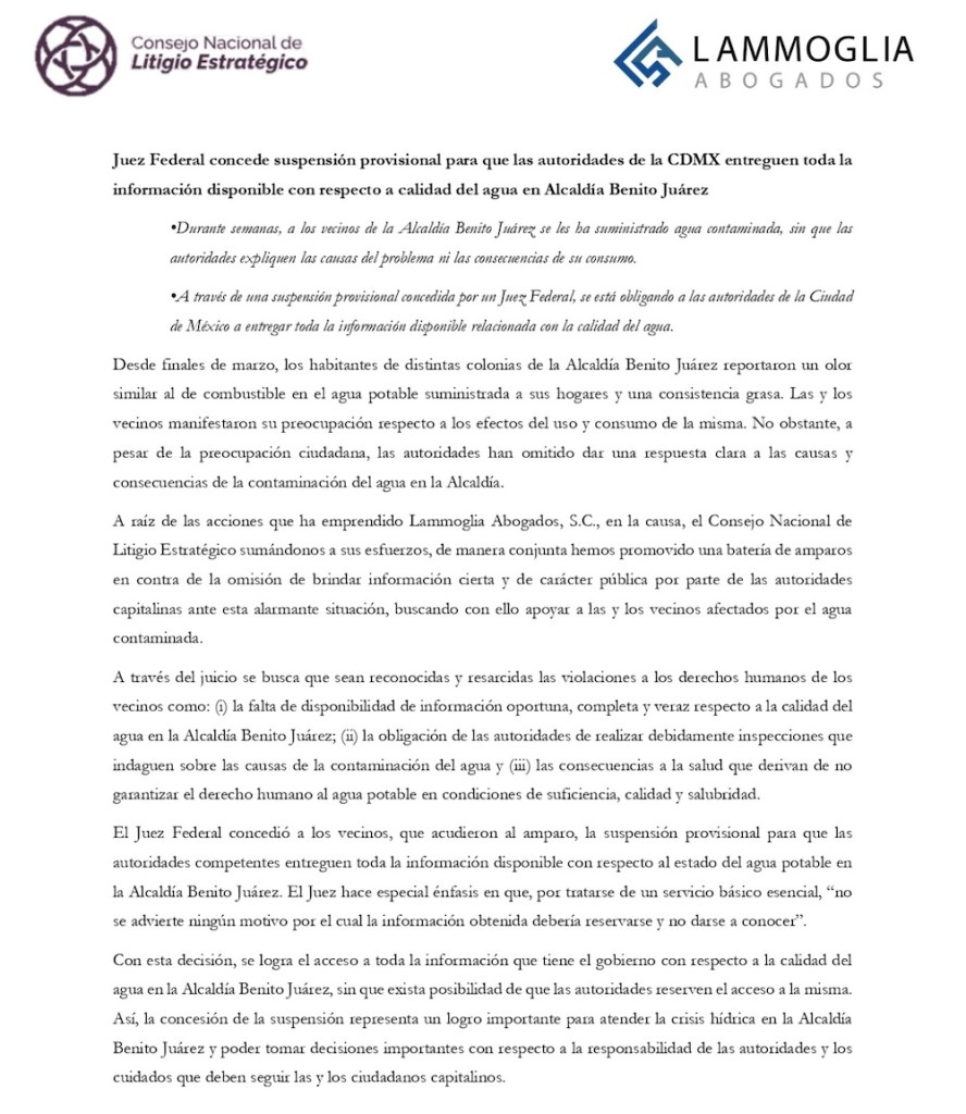 Juez ordena al gobierno de CDMX no esconder información sobre agua contaminada en Benito Juárez