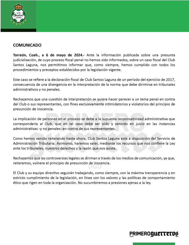 Comunicado Santos Laguna Irarragorri