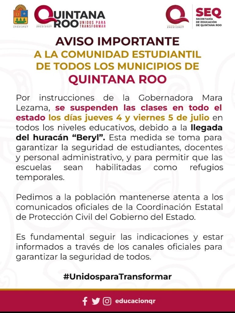 Ley Seca y suspensión de clases: Así se prepara Quintana Roo por el huracán Beryl